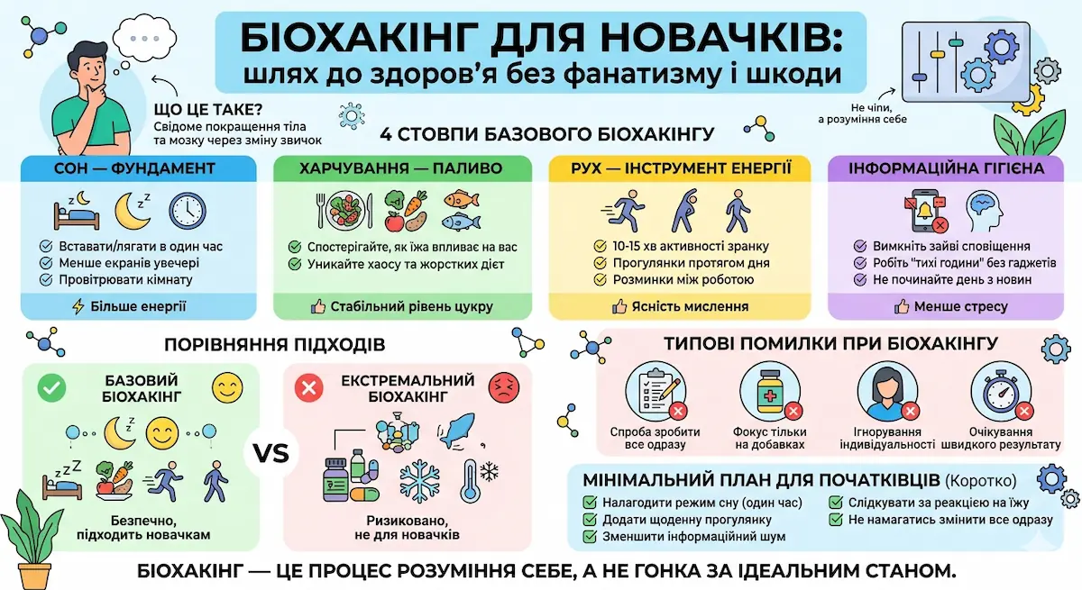 Інфографіка Біохакінг для новачків: як покращити самопочуття без фанатизму і шкоди