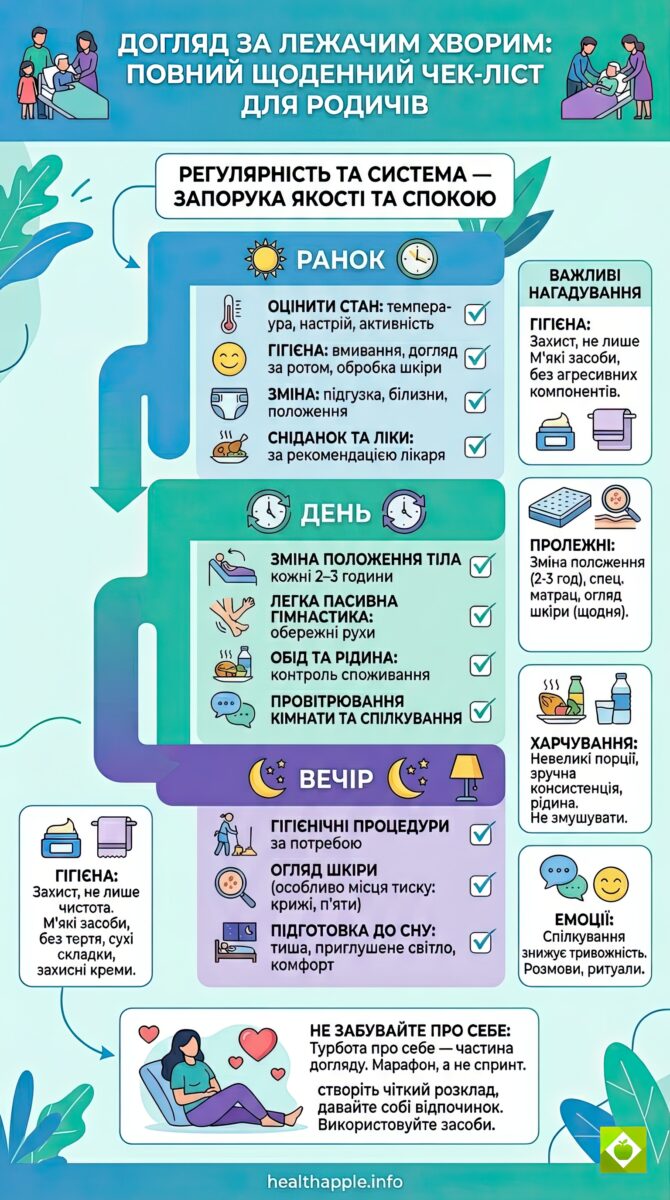 Інфографіка "Догляд за лежачим хворим: повний щоденний чек-ліст для родичів"