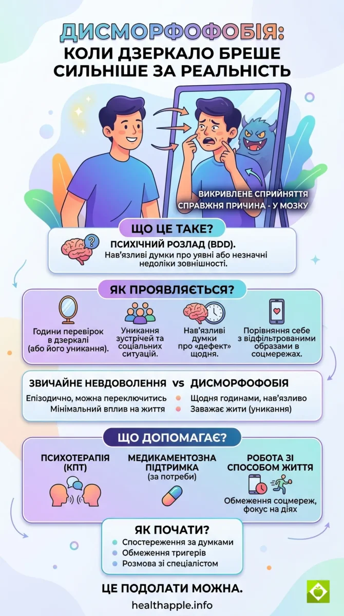 Інфографіка "Дисморфофобія: коли дзеркало бреше сильніше за реальність"