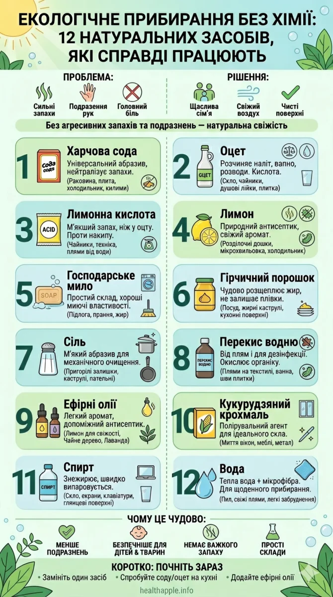Інфографіка: "Екологічне прибирання без хімії: 12 натуральних засобів"