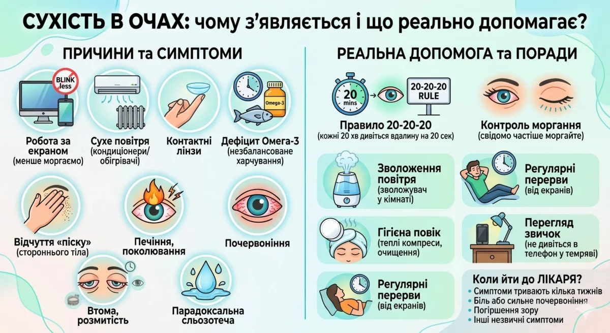 Інфографіка "Сухість в очах: чому з'являється і що реально допомогає?