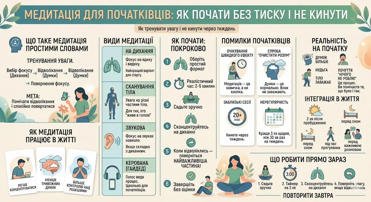 Інфографіка Медитація для початківців: як правильно почати і не кинути
